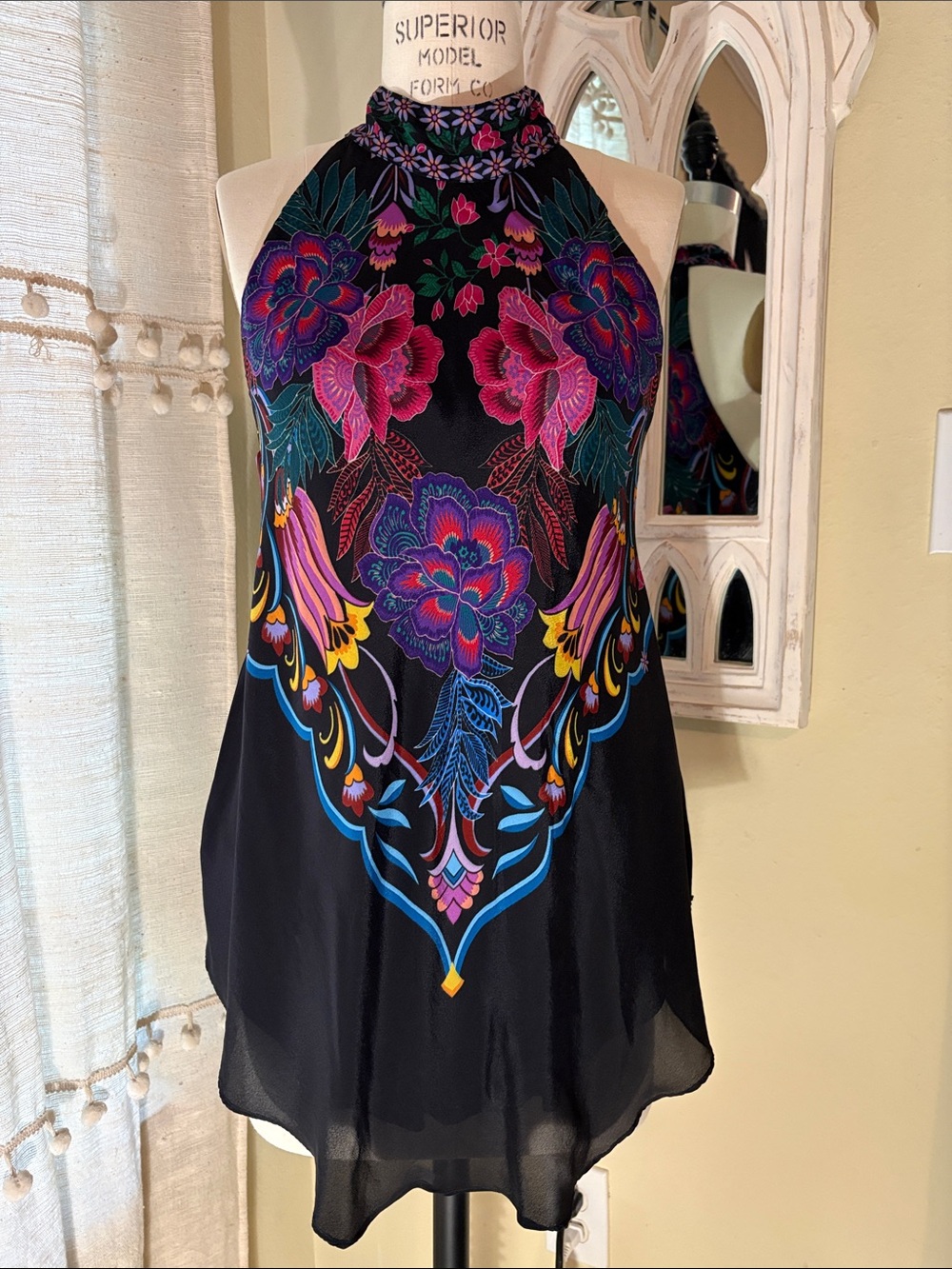 Jade By Johnny Was Black Floral Halter Tunic with Pink & Blue Accents